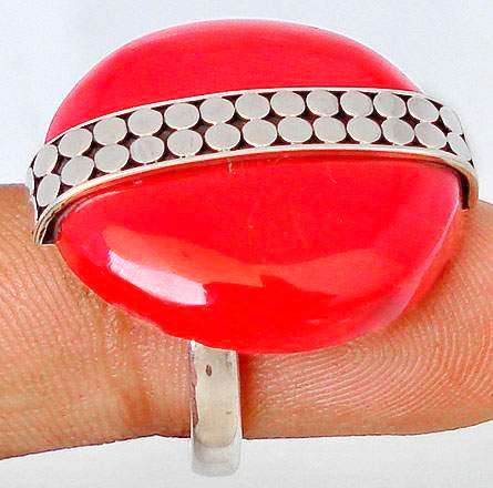 RED SPONGY CORAL ROUND 925 SILVER adjustable RING