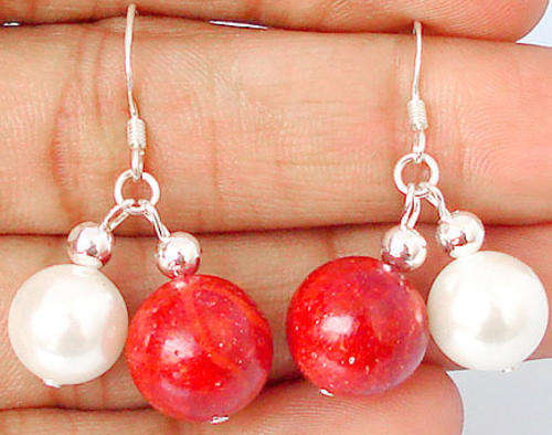 RED SPONGY CORAL PEARL ROUND 925 STERLING SILVER ARTISAN EARRINGS 1 1/8"