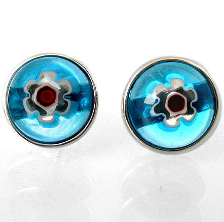 BLUE ITALIAN MURANO GLASS ROUND 925 STERLING SILVER STUD EARRINGS