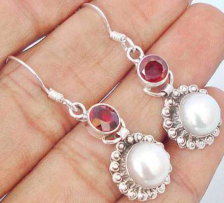 White pearl garnet 925 sterling silver dangle earrings 1 3/8`