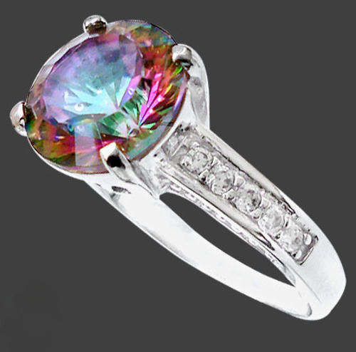 Rainbow topaz round 925 sterling silver artisan ring size 7 .5