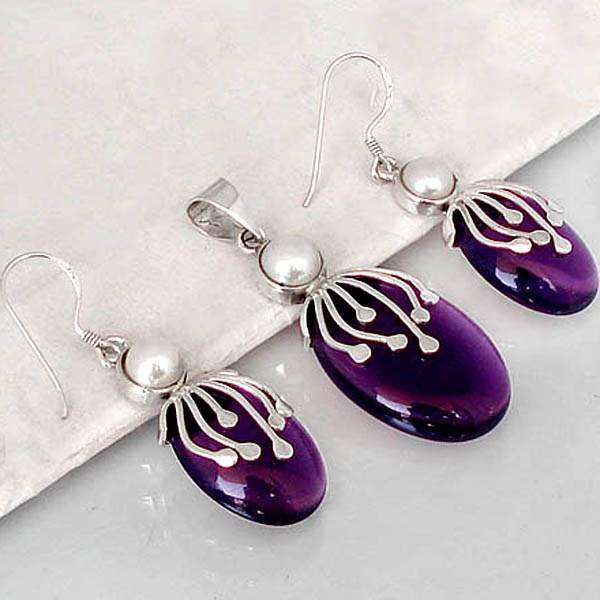 PURPLE AMETHYST PEARL 925 SILVER EARRINGS PENDANT SET