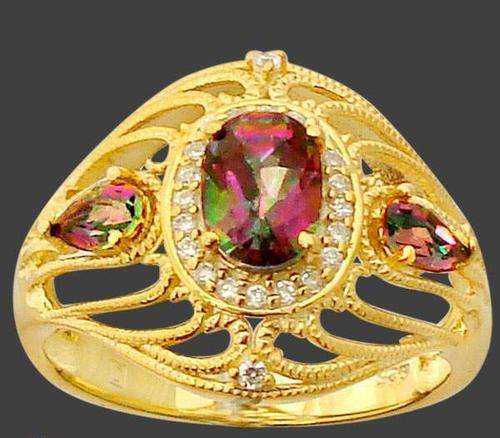 Beautiful rainbow topaz oval 14K gold  925 sterling silver ring size 7