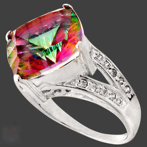 Bold rainbow topaz cushion 925 sterling silver ring size 8