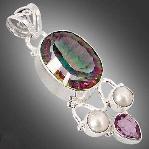 Rainbow topaz amethyst pearl  925 sterling silver pendant  1 5/8`