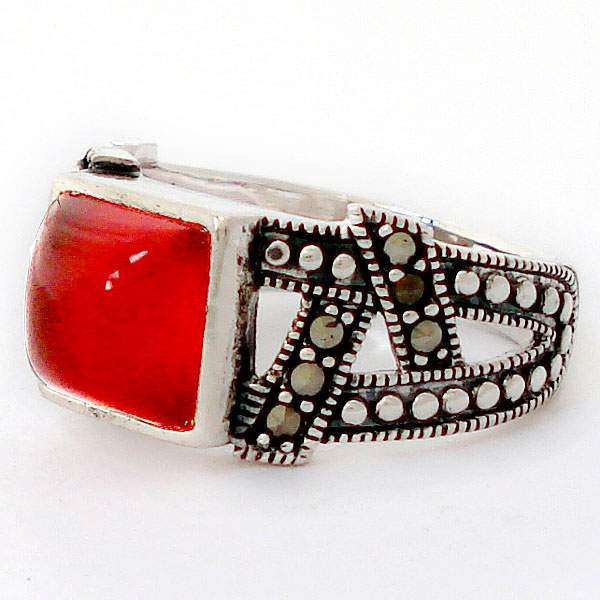 Marcasite red honey onyx square 925 sterling silver  size 8