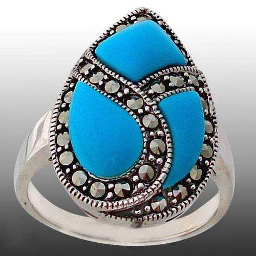Beautiful marcasite blue turquoise fancy 925 sterling silver size 8
