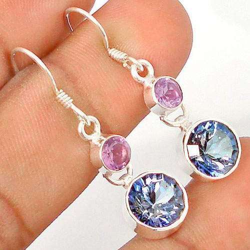 RARE BLUE RAINBOW TOPAZ ROUND 925 STERLING SILVER DANGLE EARRINGS