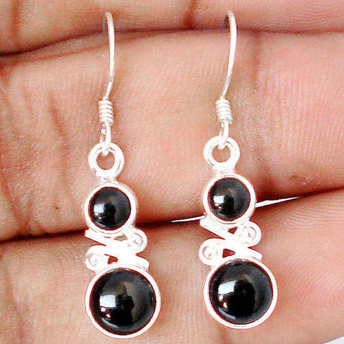 Black onyx round 925 sterling silver dangling earrings