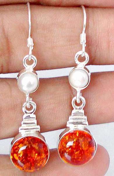 Stunning orange baltic amber  round  925 sterling silver earrings