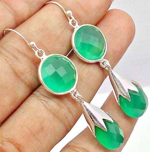 GREEN CHALCEDONY ROUND DROP 925 SILVER EARRINGS