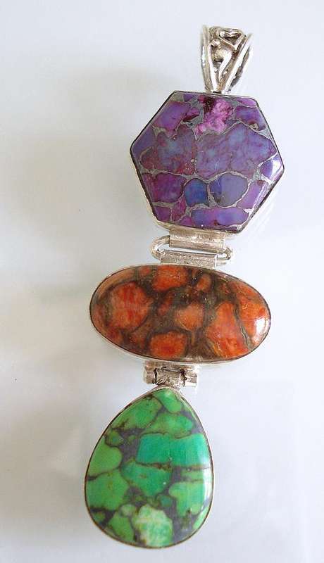 Beautiful red green purple silver turquoise  925 sterling silver pendant