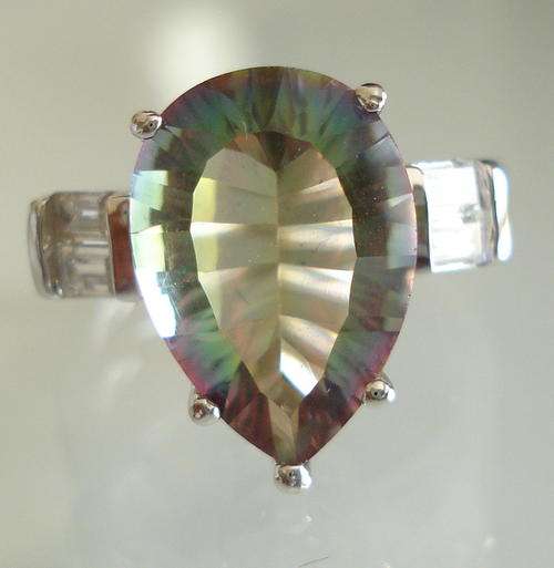 Bold rainbow topaz pear 925 sterling silver ring  size 7.5