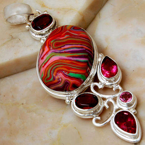 STUNNING RAINBOW CALSILICA ,GARNET 925 STERLING SILVER PENDANT