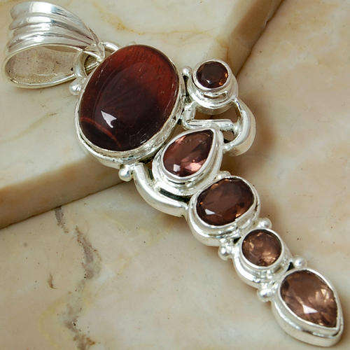 RED TIGER EYE, SMOKY TOPAZ 925 SILVER PENDANT