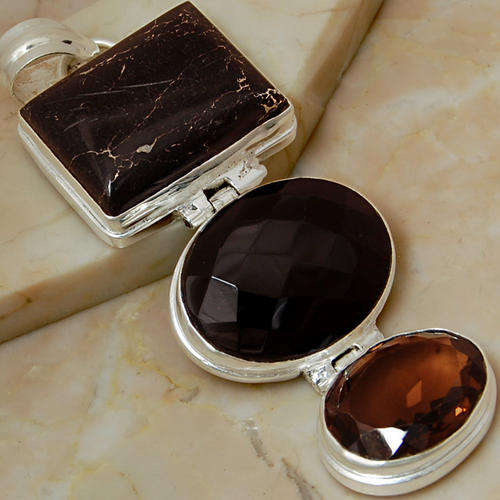 Stunning 23g copper black turquoise ,onyx,smokey topaz 925 sterling silver pendant