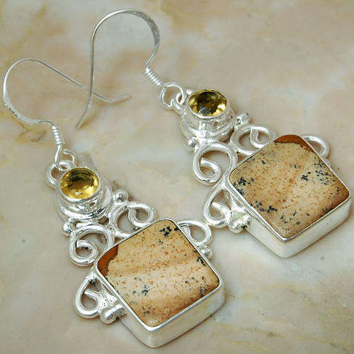 Fancy picture jasper 925 sterling silver earrings