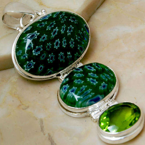 One of a kind flower dichroic glass peridot  925 sterling silver pendant