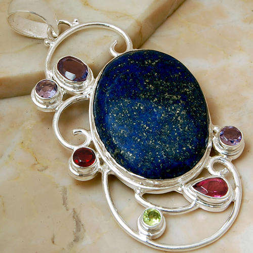 HUGE  25g LAPIS LUZULI WITH PYRITES,GARNET, AMETHYST 925 STERLING  SILVER PENDANT (HUGE )