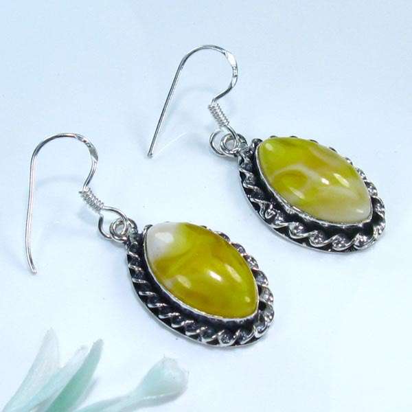 LOVELY YELLOW AGATE SILVER EARRINGS 1 3/4";