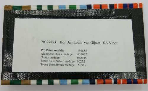 Full Size. Group Of Five Medals. From SA Navy. To: Kdr. Jan Louis Van Gijsen. Named. 70327853