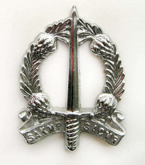 South African Corps, Military Police Chromed Metal Cap Badge.