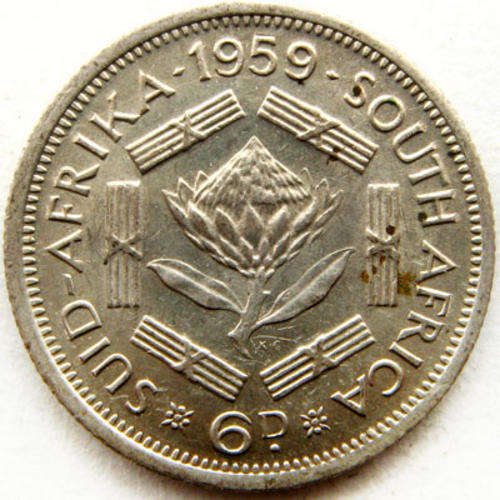 South Africa 6d (Six pence) 1959. A/UNC
