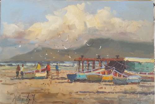 Phillip Britz seascape with fishermens cottages.