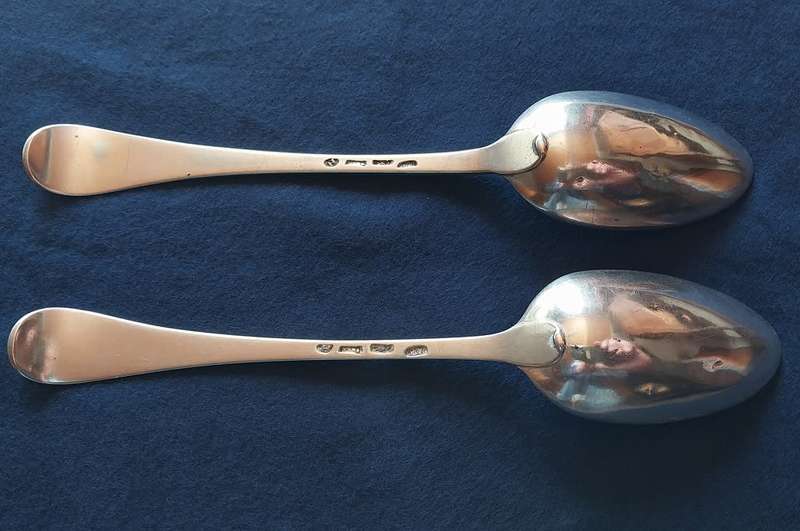 Two antique Dutch silver dessert spoons dated 1792