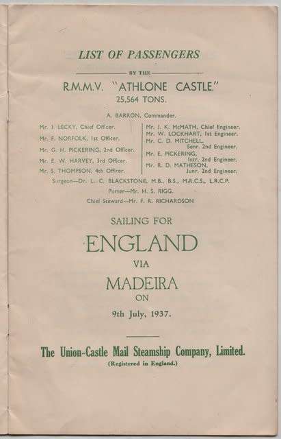 Union Castle Line. LIST OF PASSENGERS.