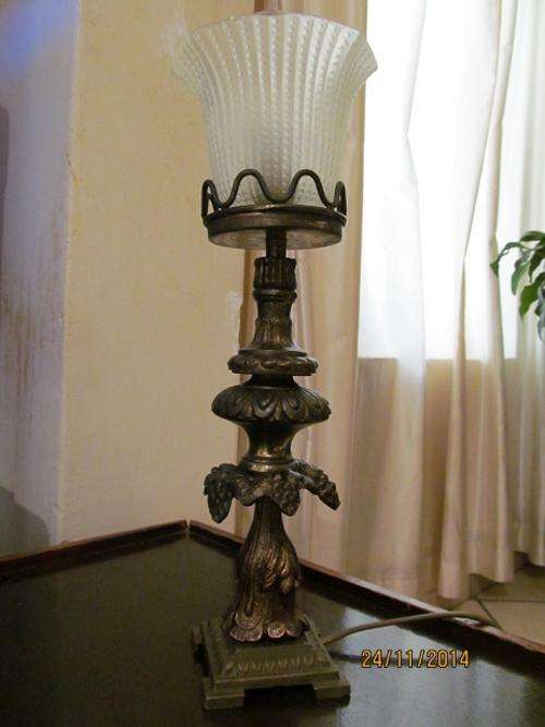 ANTIQUE BRASS LAMP + GLASS FLOWER SHADE