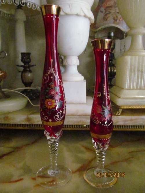 VINTAGE BOHEMIAN LUXURY !! TWO RUBY RED "twisted stem" Vases - Gold Gilded + Lavishly Decorated -