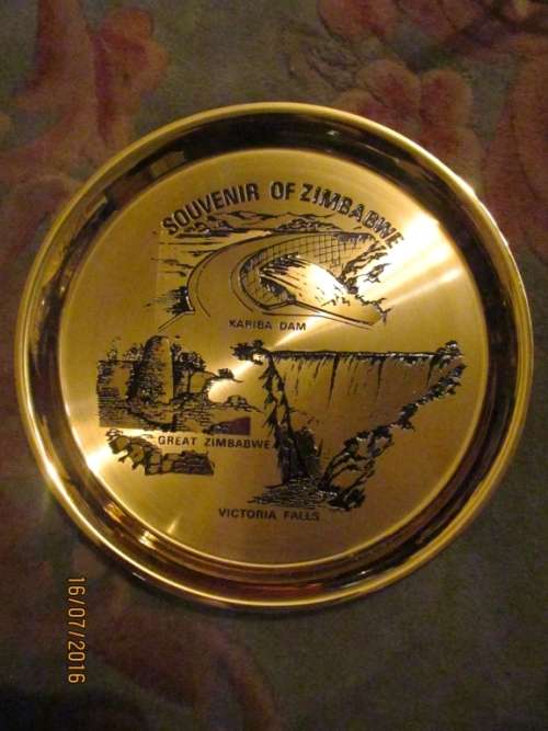 SOLID COPPER !! Zimbabwean Souvenir Tray - Engraved + Painted Tourist attractions !! NEW