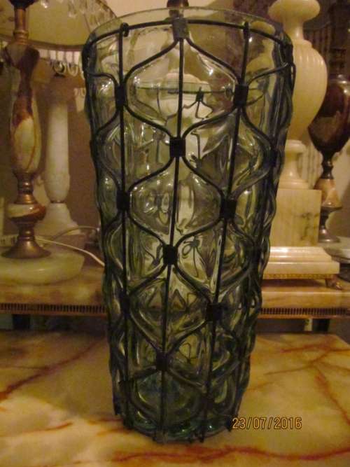 VINTAGE BUBBLED GLASS !! Lovely Bubbled Glass Vase - Large with Amazing Metal Framework