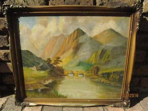 VINTAGE OIL ON CANVAS - Spectacular Mountainous Landscape signed+dated by International artist- '56