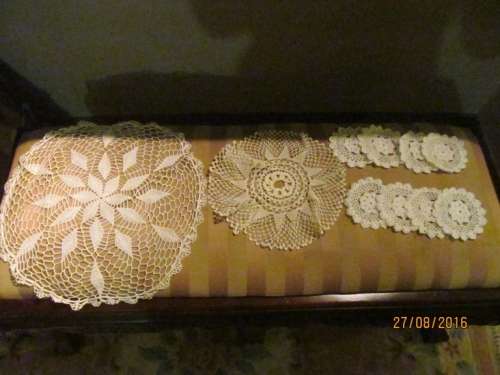 CROCHETED FINERY!!Vintage LOT of 2 Small Tablecloths and 8 Coasters - LOVELY DETAIL