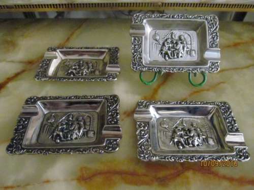 VINTAGE TAVERN !! Set of FOUR Ornate Ashtrays with Village Tavern Scene in Raised Relief