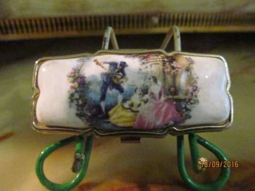 VINTAGE SERENADE!! Silver Tone Pill Box/Container with Porcelain Lid - Limoge Type Period Image