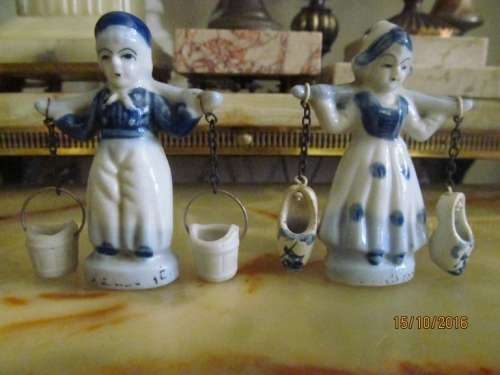 TWO IN THE HAND!! Pair of Antique Delftware Table/Hand Bells - Milk Maids