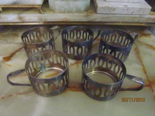 ISRAEL !! Lot of 5 Pierced Metal Vintage Glass Holders with Handles - Hebrew Stamp