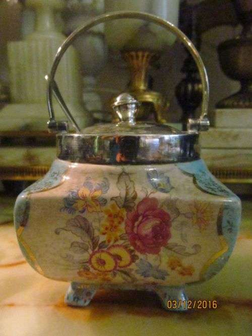 ALICE BLUE !! Vintage Fine Porcelain Footed Jam/Sugar Pot with Lid and Spoon - Golden Chintz