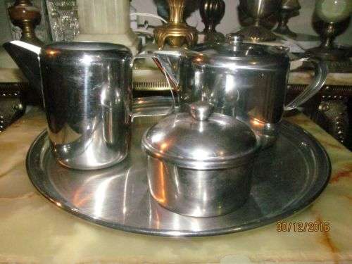 THE ETERNAL SET !! Stainless Steel Tea Set with Tray, Tea Pot, Milk Jug and Lidded Sugar Bowl