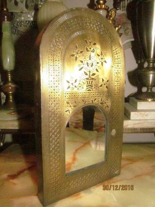 ARABIAN NIGHTS !! Antique Persian Decorative Wall Mirror - Wood Base and Hand Made Brass Framework