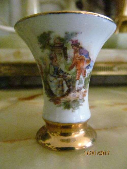 LIMOGE ROMANCE !! Vintage Fine Porcelain Miniature Trumpet Vase - Romantic Scene + Floral Bouquet