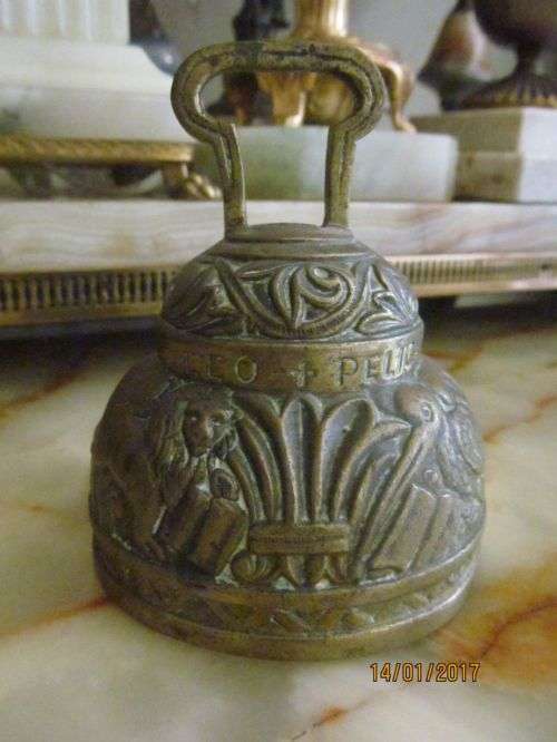 RARE ANTIQUE !! Solid Brass Sanctuary Bell of Leo+Aquila+Pelicanus+Agnus - Religious Hand Bell