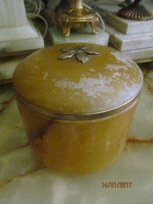 GYPSUM MINERAL !! Vintage Alabaster Cylindrical Trinket Jar with Lid and Brass Rim and Floral Decor