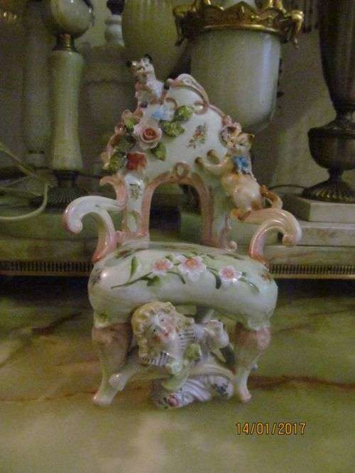 INTRINSIC DRESDEN !! Antique Fine Porcelain Dresden Figurine - Girl + Cats Playing on Chair
