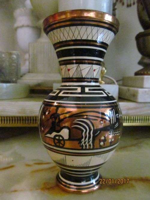 GRECIAN COPPERWARE !! Hand Made Greek Enamel on Copper Vase - Decorated
