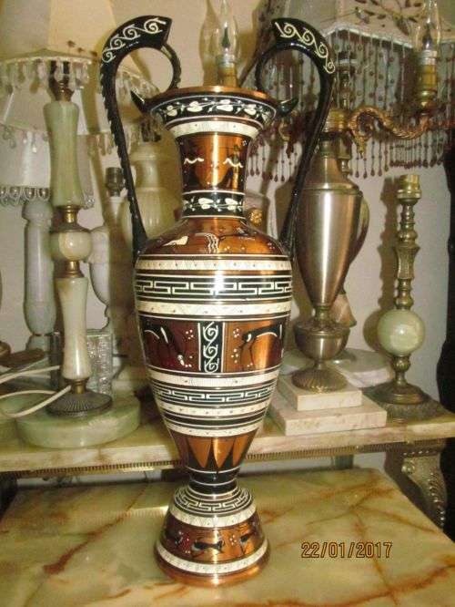 ENAMEL ON COPPER !! Large Hand Made Copperware Greek Amphora with Enamel Patterns