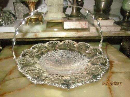 EXCEPTIONAL !! Vintage Reticulated Pierced Metal Display Dish with Swing Handle